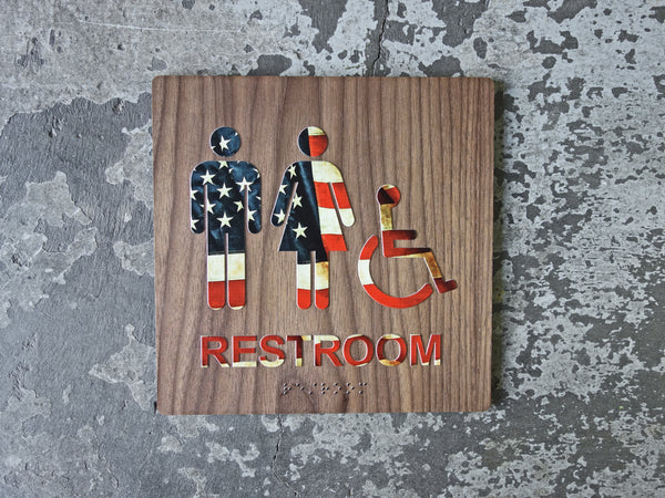 027 Unique ADA Restroom Bathroom Sign - American Flag Design - CHROMATONE Series: The Patriot