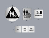 Custom Order 17 for - CMM Construction (Marc Mitre) - Restroom & Exit Sign Set - Various Sizes - 6 Signs - Silver ACM Backers - Matte Black & White Overlays - Client #230175