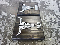 020 Bohemian Cow Skull Gray Wood Restroom - 2 Sign Set