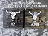 020 Bohemian Cow Skull Gray Wood Restroom - 2 Sign Set