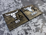 020 Bohemian Cow Skull Gray Wood Restroom - 2 Sign Set